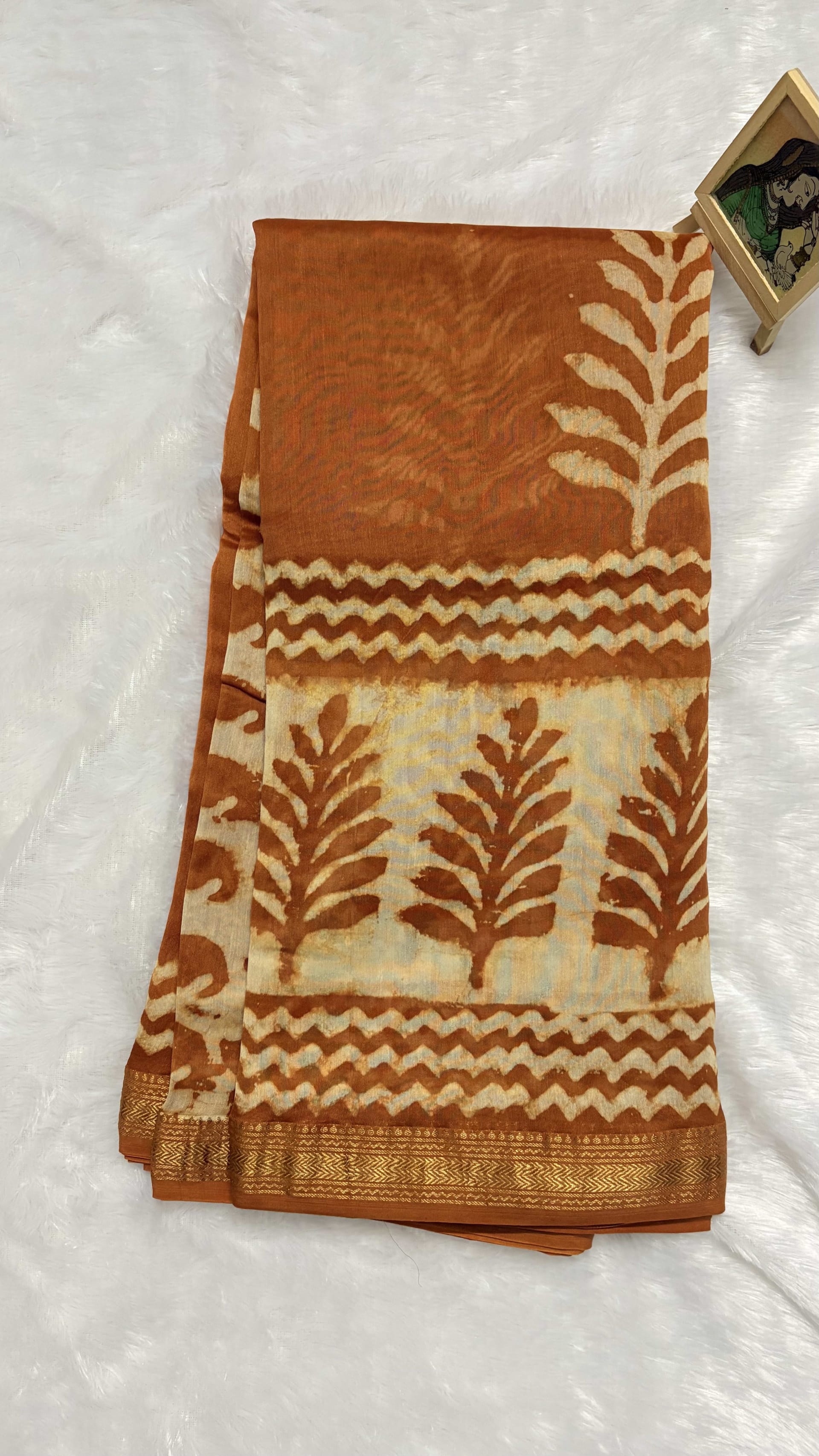 Pure Maheshwari cotton silk saree with block prints Rust orange — Orange Maheshwari Cotton Silk saree