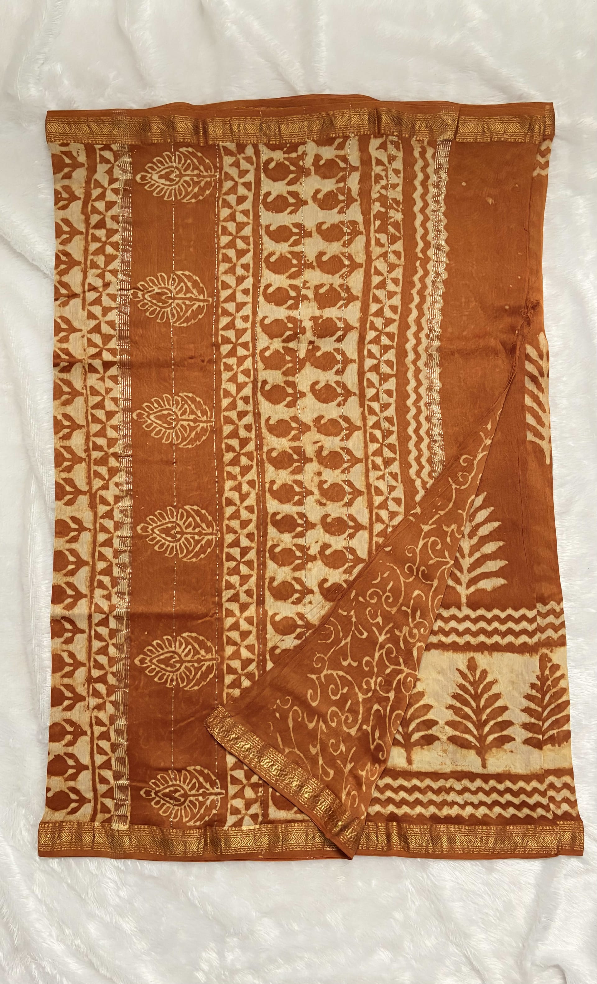 Pure Maheshwari cotton silk saree with block prints Rust orange — Orange Maheshwari Cotton Silk saree
