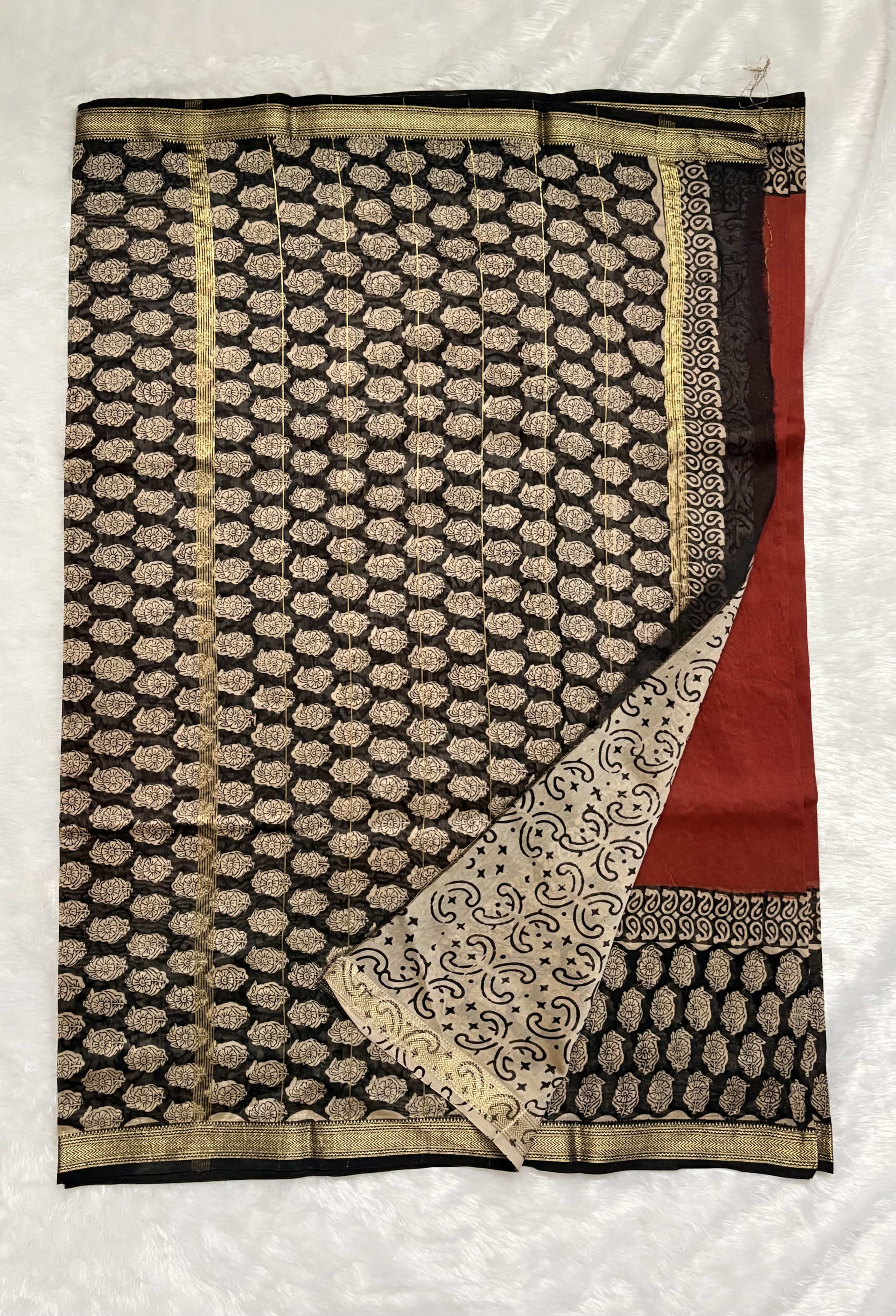 Pure Maheshwari cotton silk saree with block prints Brick red — Red/Maroon Maheshwari Cotton Silk saree