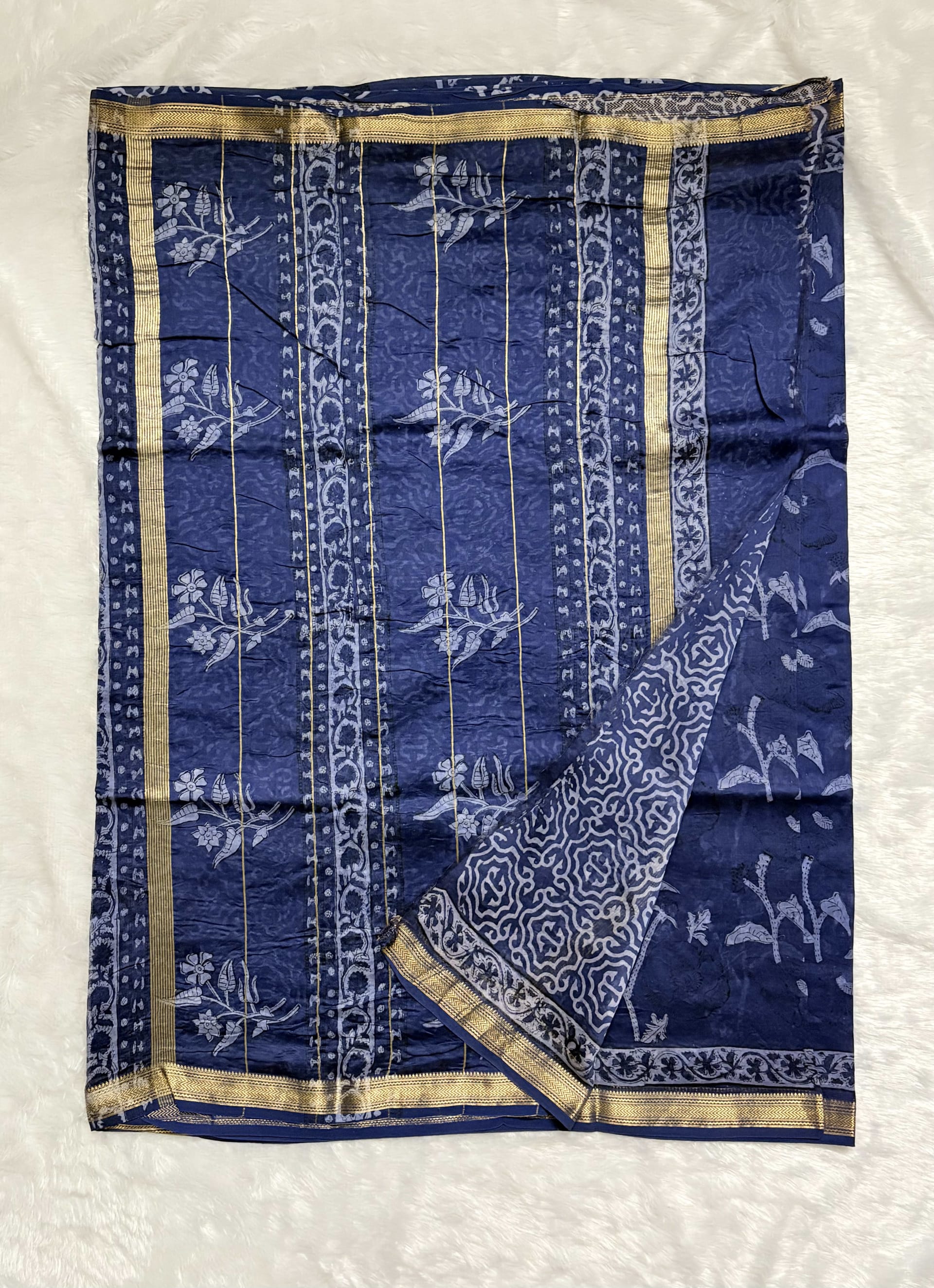 Pure Maheshwari cotton silk saree with block prints Blue floral — Blue Maheshwari Cotton Silk saree