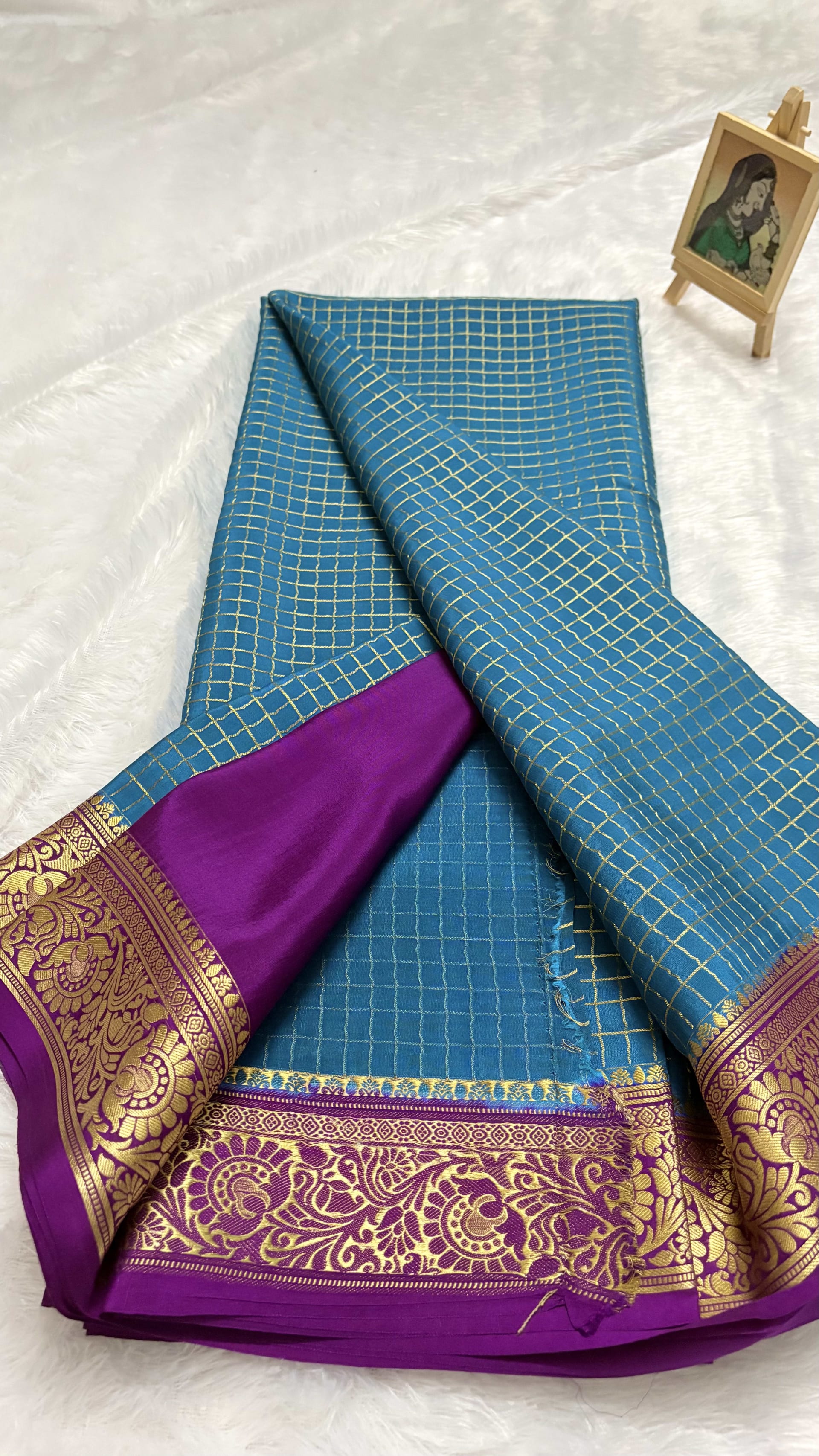 Pure Mysore crepe silk saree small checks Rama green and magenta - 140gsm — Green Mysore Silk Mysore Silk saree