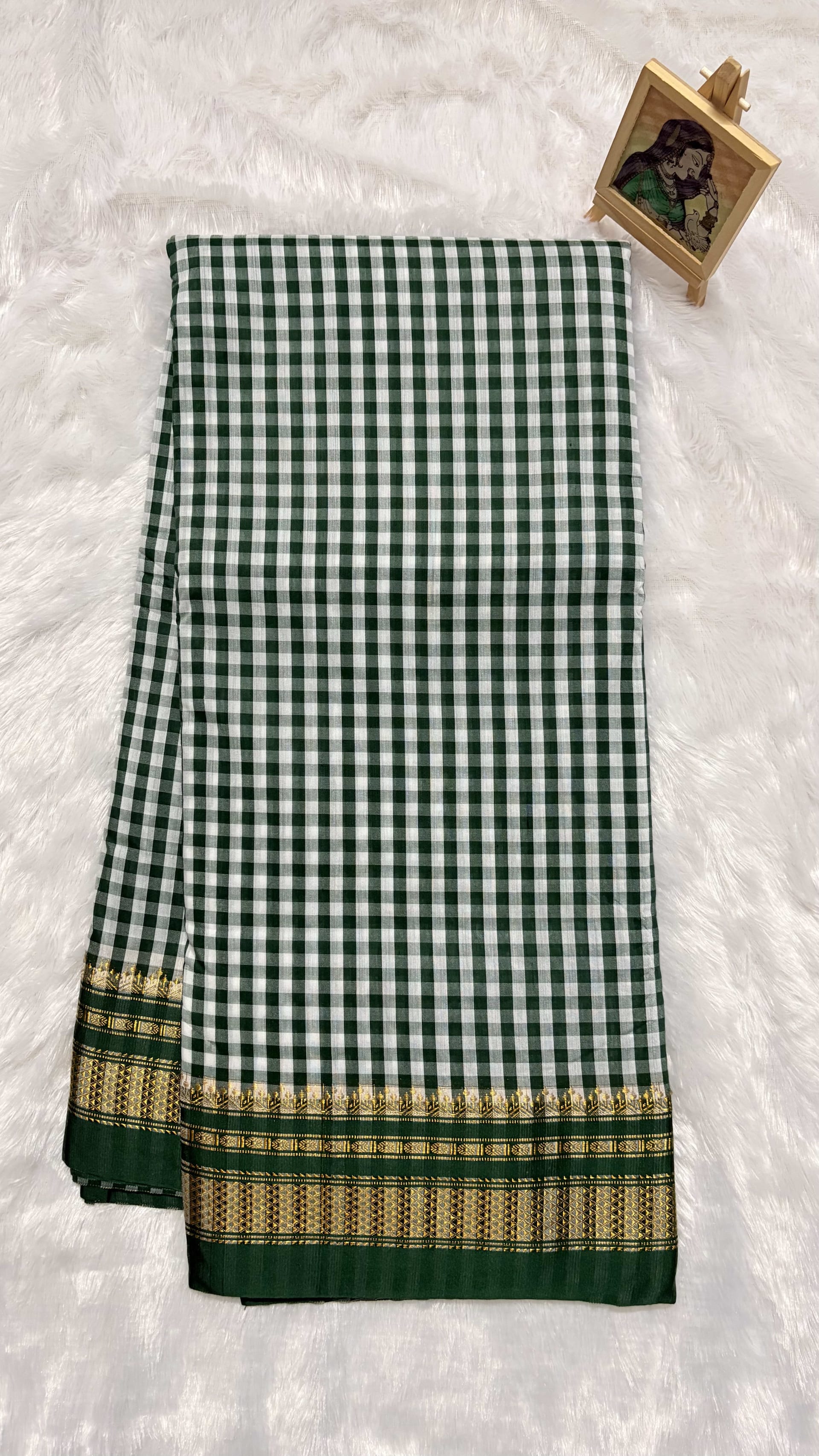 Ilkal Tam Tam Checks cotton silk saree Bottle green — Green Chanderi Cotton Silk saree